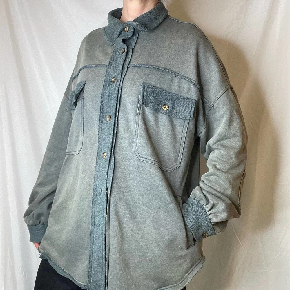 Pol French terry oversized shacket jacket green button front vintage wash faded - Picture 13 of 16